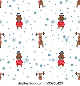 Merry Christmas Pattern with deer and bear. Winter snowfall hand drawn spray texture. 