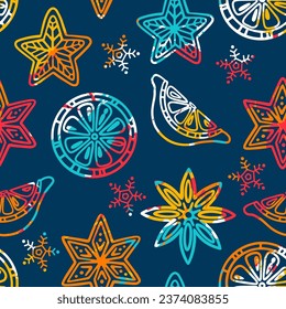 Feliz patrón navideño. Diseño, papel pintado, textiles, embalaje, impresión sin fisuras con naranja y canela 