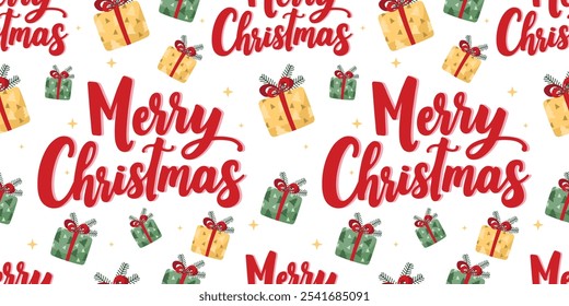Merry Christmas pattern with festive red lettering, gift boxes, stars on white background. Cute gift surprises - traditional symbols of Christmas holiday. For holiday decor, prints, wrapping paper.