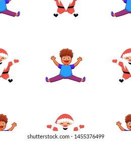 Merry Christmas!
The pattern of a funny, jumping boy with Santa, a Christmas boy. Illustration of a merry baby. Suitable for printing on clothing, packaging, wallpaper, postcards.