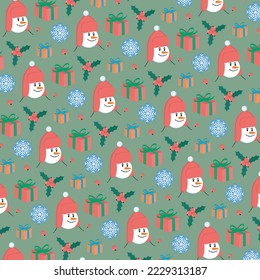 merry christmas pattern with gifts, snowflake, snowman holly berries
