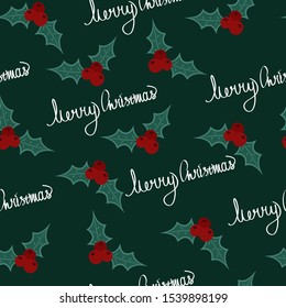 Merry christmas pattern with hand drawn omela plant. Winter seamless pattern with lettering