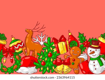 Merry Christmas pattern. Holiday background in cartoon style.
