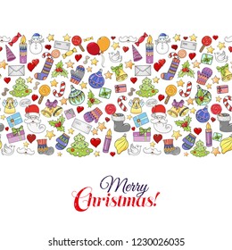 Merry christmas pattern for holiday greeting cards, print, book page, bullet journal or wrapping paper. Bells, Santa, tree, socks, candle, sweets, love hearts, angel and stars