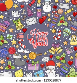 Merry christmas pattern for holiday greeting cards, print, book page, bullet journal or wrapping paper. Bells, Santa, tree, socks, candle, sweets, love hearts, angel and stars