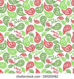 Merry Christmas. Christmas pattern. Paisley pattern. Vector seamless background. Green and red. The pattern on white background.