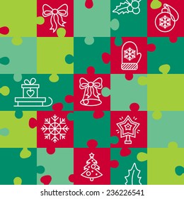 Merry Christmas pattern from puzzles. Jigsaw puzzle game. Vector illustration
