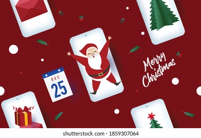 Patrón de navidad, Papá Noel en el teléfono móvil con regalo, carta, nieve, estrella, árbol de Navidad, diseño para banner web, tarjeta de invitación de Navidad y festival de año nuevo. patrón.