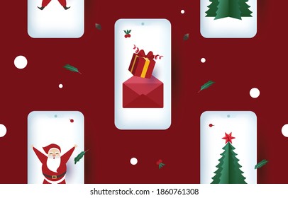 Merry christmas pattern, Santa Claus on mobile phone with gift, letter, snow, star, Christmas tree, design for web banner, Christmas invitation card and new year festival. pattern.