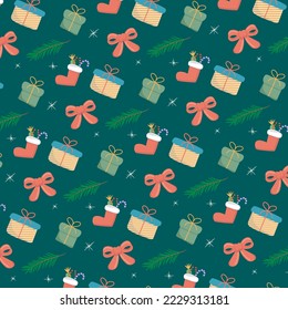 merry christmas pattern with christmas with santas boot, branch, snowflakes, ribbon and gifts