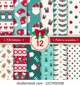 Merry Christmas pattern seamless collection. Set of 12 X-mas winter holiday background . Endless texture for gift wrap, wallpaper, web banner background, wrapping paper and Fabric patterns. 