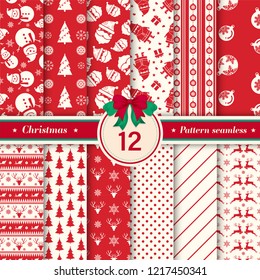Merry Christmas pattern seamless collection. Set of 12 X-mas winter holiday background . Endless texture for gift wrap, wallpaper, web banner background, wrapping paper and Fabric patterns. Red white.