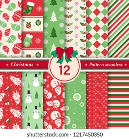 Merry Christmas pattern seamless collection. Set of 12 X-mas winter holiday background . Endless texture for gift wrap, wallpaper, web banner background, wrapping paper and Fabric patterns. 