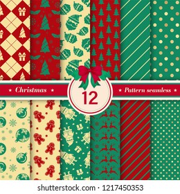 Merry Christmas pattern seamless collection. Set of 12 X-mas winter holiday background . Endless texture for gift wrap, wallpaper, web banner background, wrapping paper and Fabric patterns. 