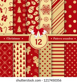 Merry Christmas pattern seamless collection. Set of 12 X-mas winter holiday background . Endless texture for gift wrap, wallpaper, web banner background, wrapping paper and Fabric patterns. Red gold