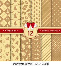 Merry Christmas pattern seamless collection. Set of 12 X-mas winter holiday background . Endless texture for gift wrap, wallpaper, web banner background, wrapping paper and Fabric patterns. Gold color