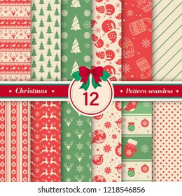 Merry Christmas pattern seamless collection. Set of 12 X-mas winter holiday background. Endless texture for gift wrap, wallpaper, web banner background, wrapping paper and Fabric patterns. 