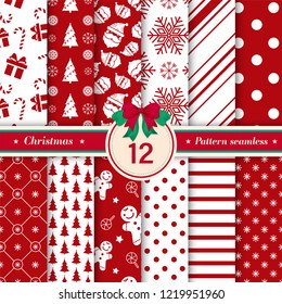 Merry Christmas pattern seamless collection. Set of 12 Xmas background red and white colors. Endless texture for gift wrap, wallpaper, web banner background, wrapping paper and Fabric patterns. 