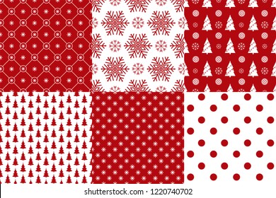 Merry Christmas Pattern Seamless Collection. Set Of 6 Xmas Background Red And White Colors. Endless Texture For Gift Wrap, Wallpaper, Web Banner Background, Wrapping Paper And Fabric Patterns. 