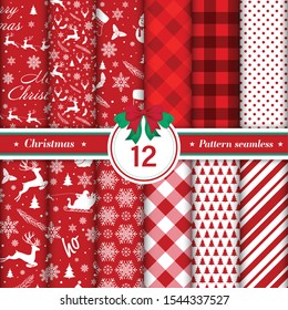 Merry Christmas pattern seamless collection. Set of 12 red and white X-mas holiday background. Endless texture for gift wrap, wallpaper, web banner background, wrapping paper and fabric patterns.