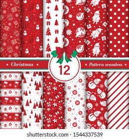 Merry Christmas pattern seamless collection. Set of 12 red and white X-mas winter holiday background. Endless texture for gift wrap, wallpaper, web banner background, wrapping paper and fabric pattern