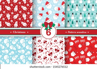 Merry Christmas pattern seamless collection. Set of 6 cute X-mas winter holiday background. Endless texture for gift wrap, wallpaper, web banner, wrapping paper and fabric patterns. 