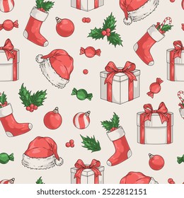 Merry Christmas pattern seamless colorful with Santa hat and gift box near fir toys and candies vector illustration