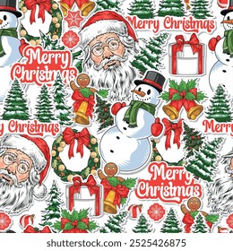 Merry Christmas pattern seamless colorful Santa Claus and snowmen near New Year gifts and bells with fir trees vector illustration