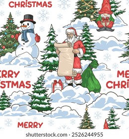 Merry Christmas pattern seamless colorful with Santa reading list New Year gifts standing in winter forest with snowman vector illustration