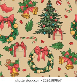 Merry Christmas pattern seamless colorful with fir tree and New Year wreath near candy canes and holiday bells vector illustration