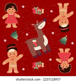 Merry christmas pattern seamless with cute gingerbread and reindeer