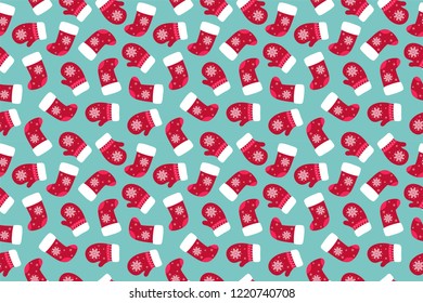 Merry Christmas pattern seamless. Christmas gloves and socks background. Endless texture for gift wrap, wallpaper, web banner background, wrapping paper and Fabric patterns.