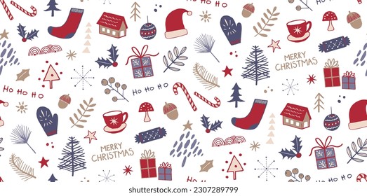 Merry Christmas Pattern, seamless pattern, hand drawn festive sketches, red, blue, gold, presents, stockings, holly, trees, candy cane.