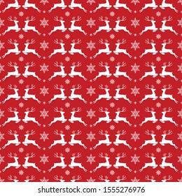 Merry Christmas pattern seamless. Red and white X-mas winter holiday background. Endless texture for gift wrap, wallpaper, web banner, wrapping paper and fabric pattern. Reindeer backgrond repeat.