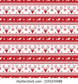 Merry Christmas pattern seamless. Red and white X-mas winter holiday background. Endless texture for gift wrap, wallpaper, web banner, wrapping paper and fabric pattern. Reindeer backgrond repeat.