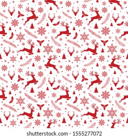 Merry Christmas pattern seamless. Red and white X-mas winter holiday background. Endless texture for gift wrap, wallpaper, web banner, wrapping paper and fabric pattern. Reindeer backgrond repeat.