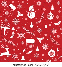 Merry Christmas pattern seamless. Red and white X-mas winter holiday background. Endless texture for gift wrap, wallpaper, web banner background, wrapping paper and fabric pattern.