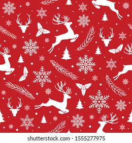 Merry Christmas pattern seamless. Red and white X-mas winter holiday background. Endless texture for gift wrap, wallpaper, web banner, wrapping paper and fabric pattern. Reindeer backgrond repeat.