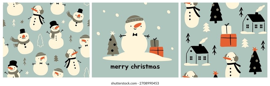 Conjunto de patrones de Navidades alegres. Patrones repetitivos sin fisuras con muñecos de nieve lindos, cajas de regalo, árboles de Navidad y casa acogedora. Diseño para el Nuevo año. Colección de Ilustración vectorial plana aislada sobre fondo