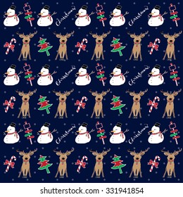 Merry Christmas pattern with snowman, reindeer, candy and snow