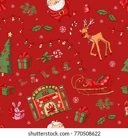 Merry Christmas pattern. Vector pattern with Christmas icons on a red background. Illustration vintage.