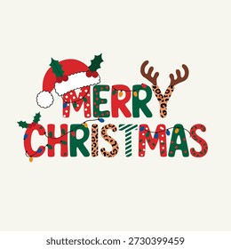 Feliz Natal estampado lettering, chapéu de Papai Noel e chifres acentos, detalhes de folhagem de azevinho, tipografia festiva alegre, vetor de feriado colorido