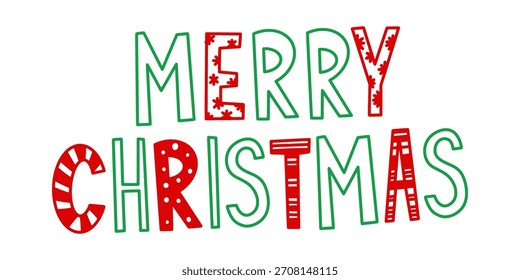 Navidades alegres con letras estampadas. Tipografía simple, linda y de Vector para tarjetas de vacaciones y Navidades de diseño de temporada. Letras dibujadas a mano para "Feliz Navidad" con acentos festivos de doodle.
