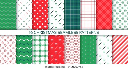 Merry Christmas patterns. Seamless backgrounds. Festive Xmas textures with tree, check, star, stripe, dots. Set of noel prints for wrapping paper. Collection red green backdrops. Vector illustration