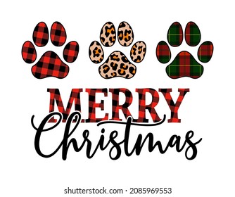 Merry Christmas - Paw print shaped dog or cat pawprints for gift tag. Hand drawn footprints for Xmas greetings cards, invitations. Good for t-shirt, mug, scrap booking, gift, printing press.