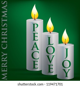 Merry Christmas Peace, Love, Joy candle card in vector format.