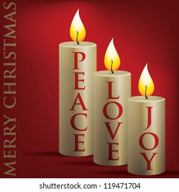 Merry Christmas Peace, Love, Joy candle card in vector format.