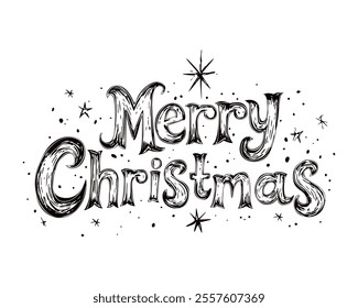 Merry Christmas, pencil texture. Hand drawn lettering with stars on white background. Black vector composition for card or merch