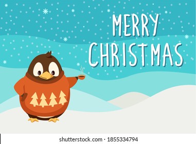 Merry Christmas penguin animal wearing warm clothes protection from cold vector. Snowing weather, knitted sweater with pine tree print winter scenery