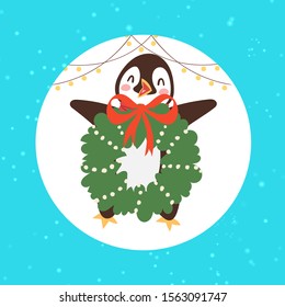 Merry Christmas penguin bird with mistletoe wreath vector illustration. Children s illustration with a winter penguin. Christmas cards, invitations, and party packs, paper craft with snowy background.